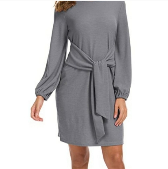Lionstill Gray Casual Dress Long Sleeve Tie Wrap Waist Mini Dress Size Medium - Picture 2 of 7